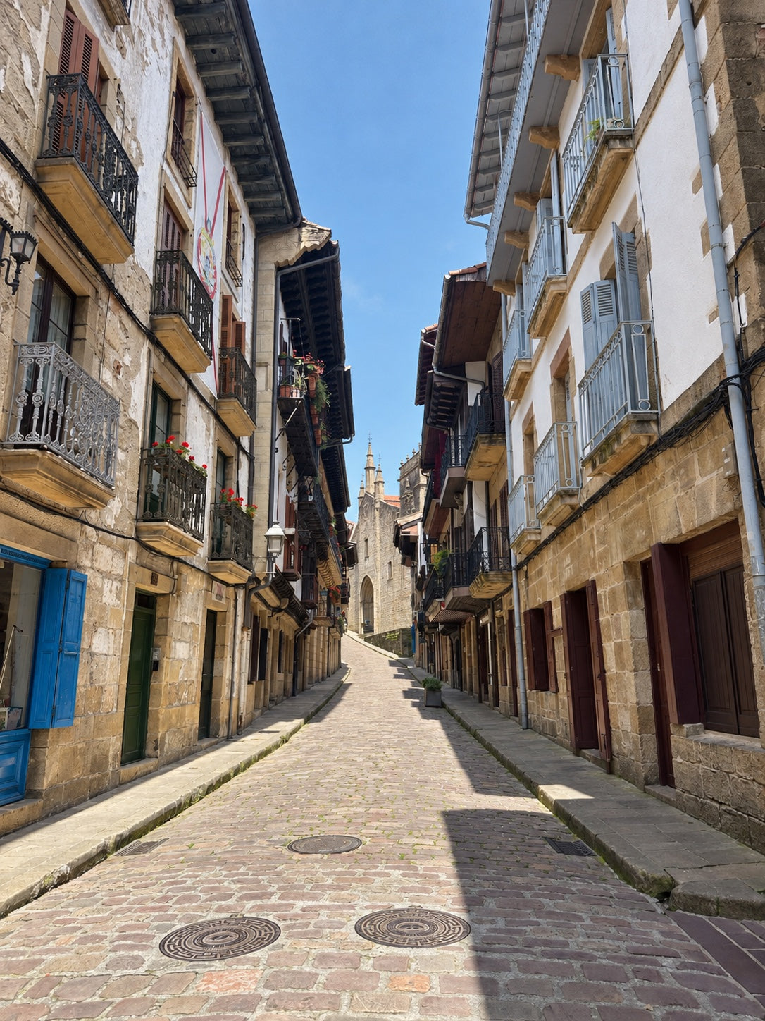 Una calle de piedra iluminada por el sol que atraviesa una arquitectura costera serena